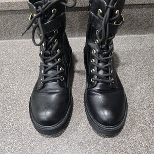 Guess Black Lace-Up Combat Boots with Gold Eyelets